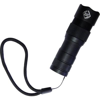 Eine kompakte schwarze Taschenlampe mit Umhängeband, zylinderförmig und gerippt für besseren Halt.