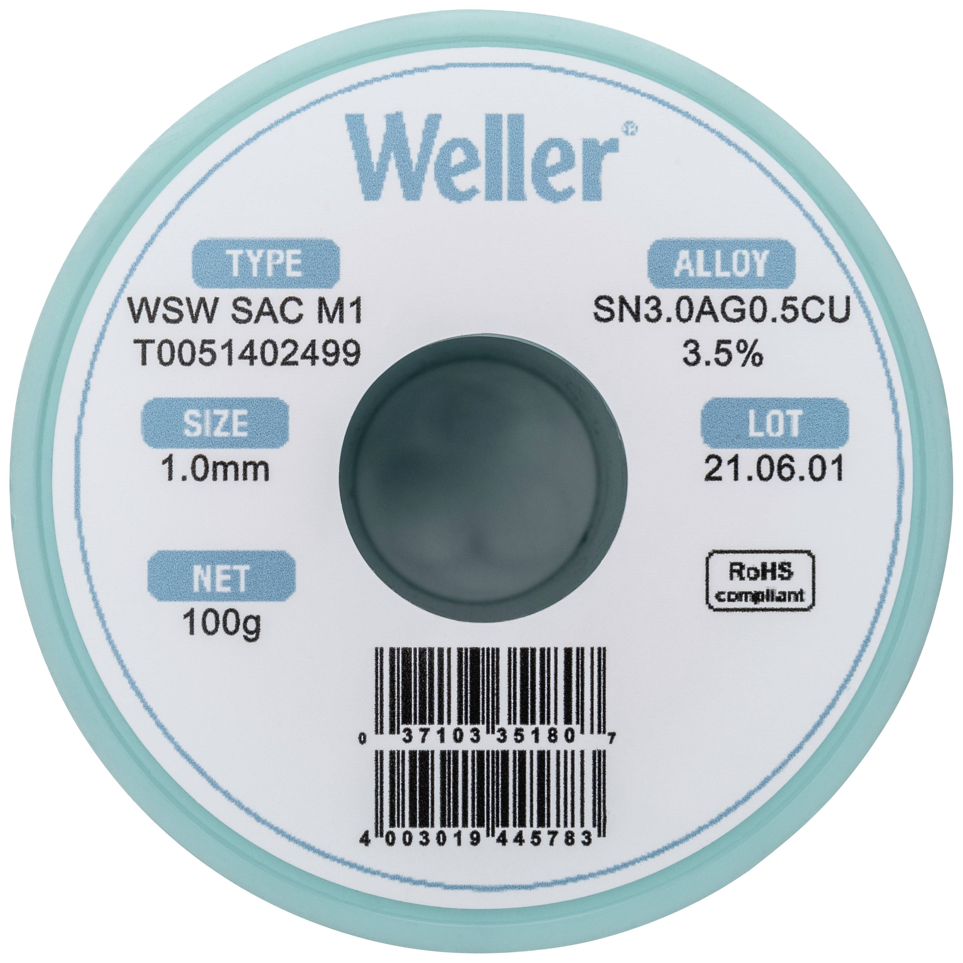 Schweißdrahtrolle 'Weller' mit Spezifikationen: Typ WSW SAC M1, Legierung SN3.0AG0.5CU, Größe 1.0mm, Gewicht 100g, Charge 21.06.01.