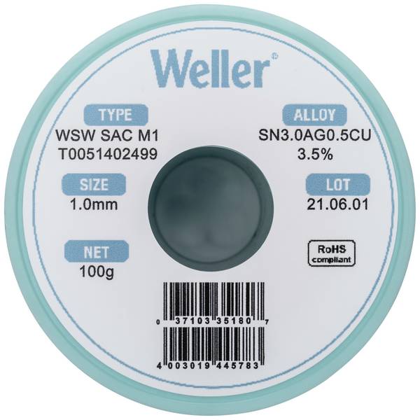 Weller T0051402499 Lötzinn, bleifrei Spule, bleifrei Sn3,0Ag0,5Cu 100 g 1 mm