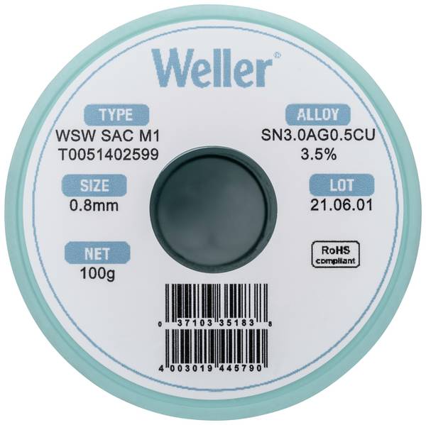 Weller T0051402599 Lötzinn, bleifrei Spule, bleifrei Sn3,0Ag0,5Cu  100 g 0.8 mm