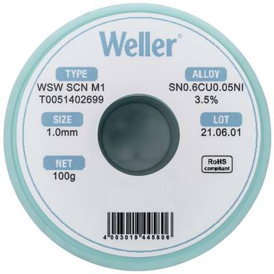 Lötzinn-Rolle mit der Aufschrift 'Weller'. Details: Legierung SN0.6CU0.05NI 3.5%, Größe 1.0mm, Gewicht 100g, Lot-Nr. 21.06.01.