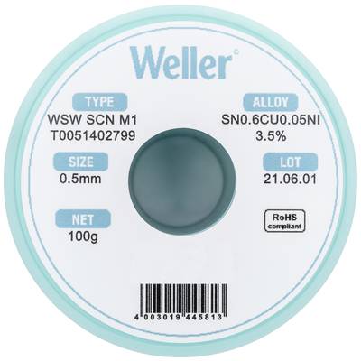 Etikett einer Lötspule. Marke 'Weller'. Typ: WSW SCN M1. Legierung: SN0.6CU0.05NI 3.5%. Größe: 0,5 mm. Nettogewicht: 100 g. Chargennummer: 21.06.01.