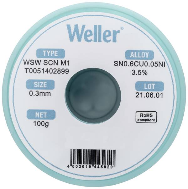 Weller T0051402899 Lötzinn, bleifrei bleifrei, Spule Sn0,6Cu0,05Ni 100 g 0.30 mm