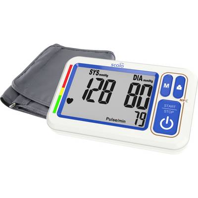 Elektronisches Blutdruckmessgerät mit Anzeige: 'SYS 128', 'DIA 80', Puls 79. Blutdruckmanschette links, Start/Stopp-Taste rechts.