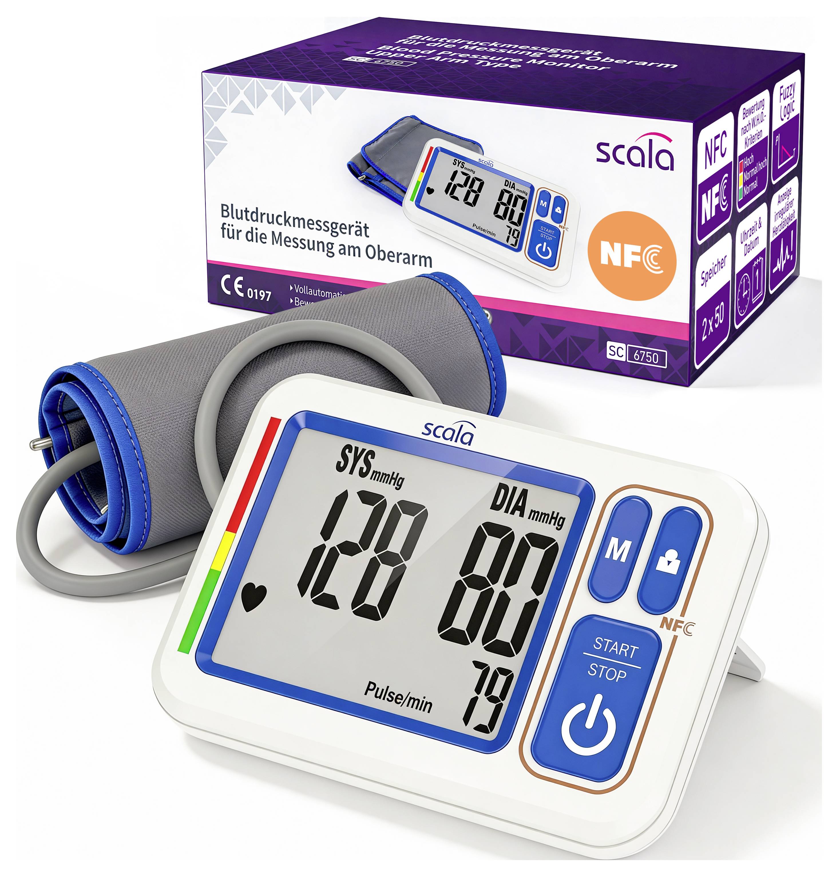 Ein digitales Blutdruckmessgerät zeigt neben seiner Verpackung eine Messung von „SYS 128 mmHg, DIA 80 mmHg, Puls/min 79" an.