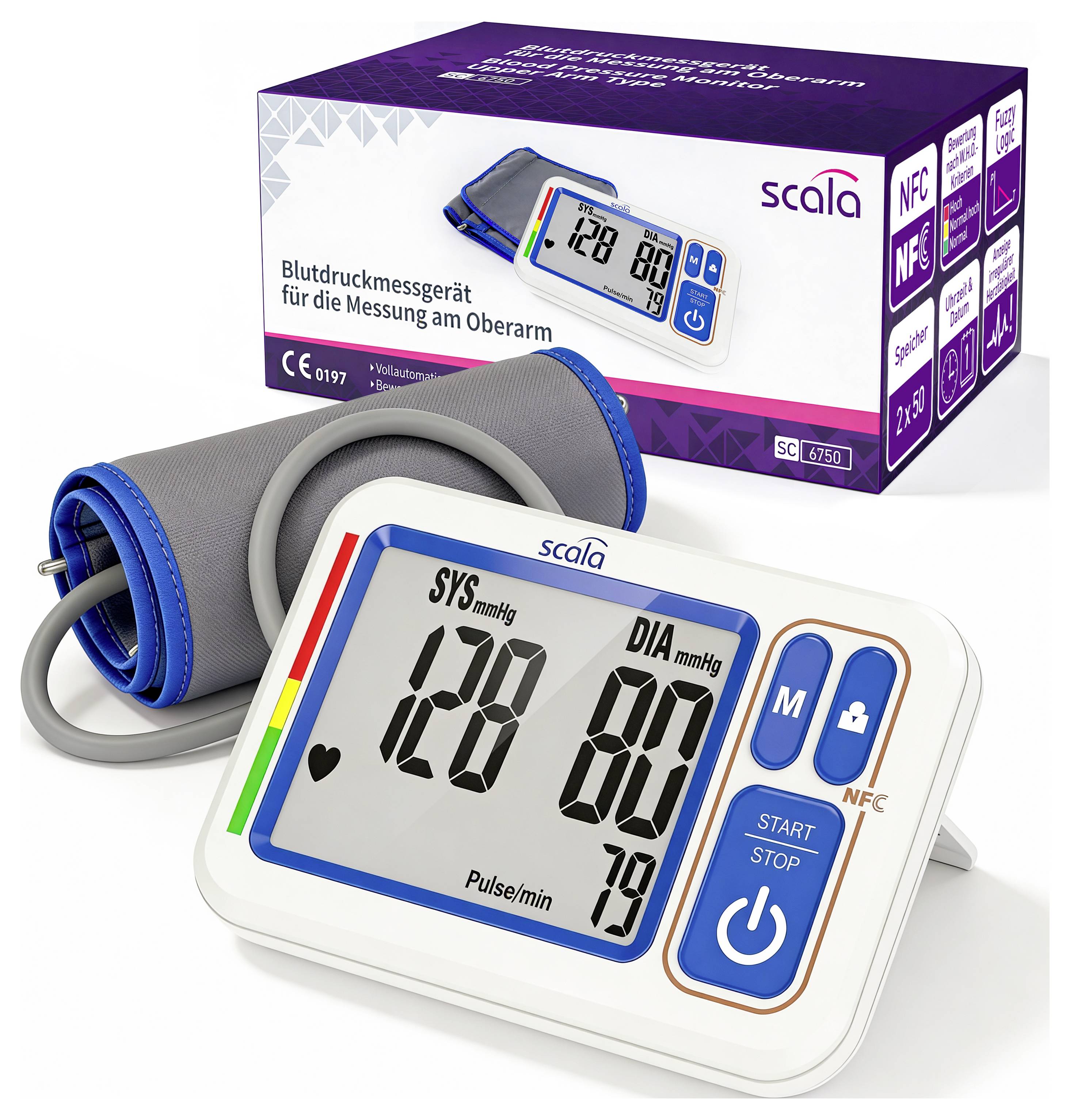 Ein digitales Blutdruckmessgerät mit Manschette wird angezeigt. Das Display zeigt einen Messwert von 128/80 mmHg und eine Herzfrequenz von 79 Schlägen pro Minute an.