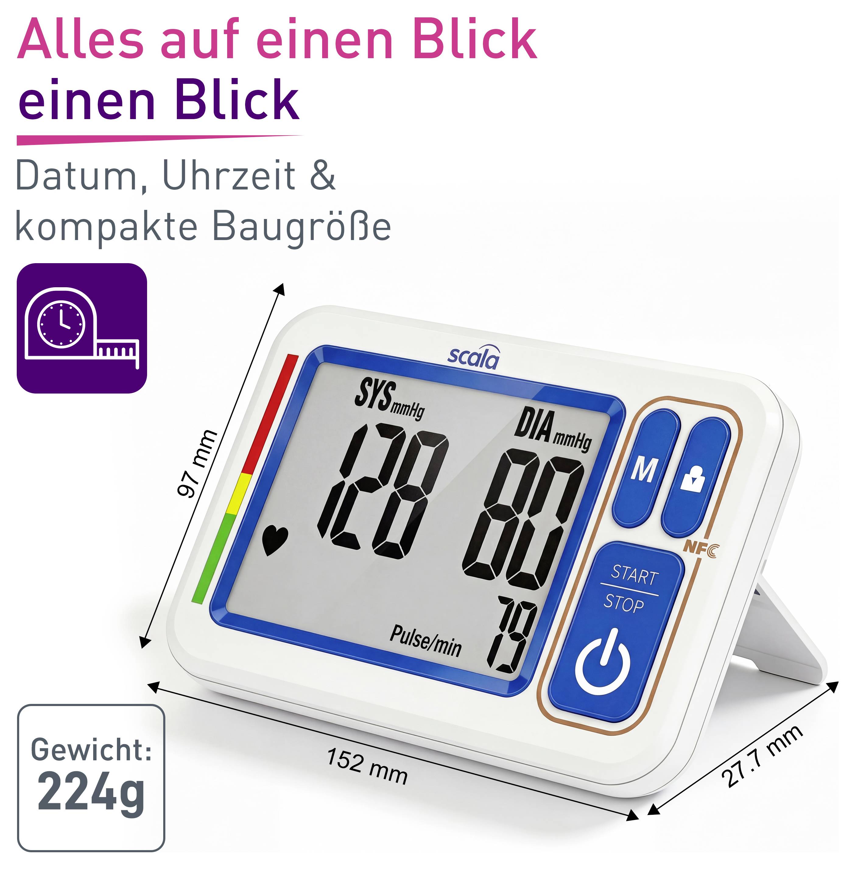 Blutdruckmessgerät mit Display zeigt Systole 128, Diastole 80, Puls 79. Beschriftet mit Abmessungen und Gewicht 224g.