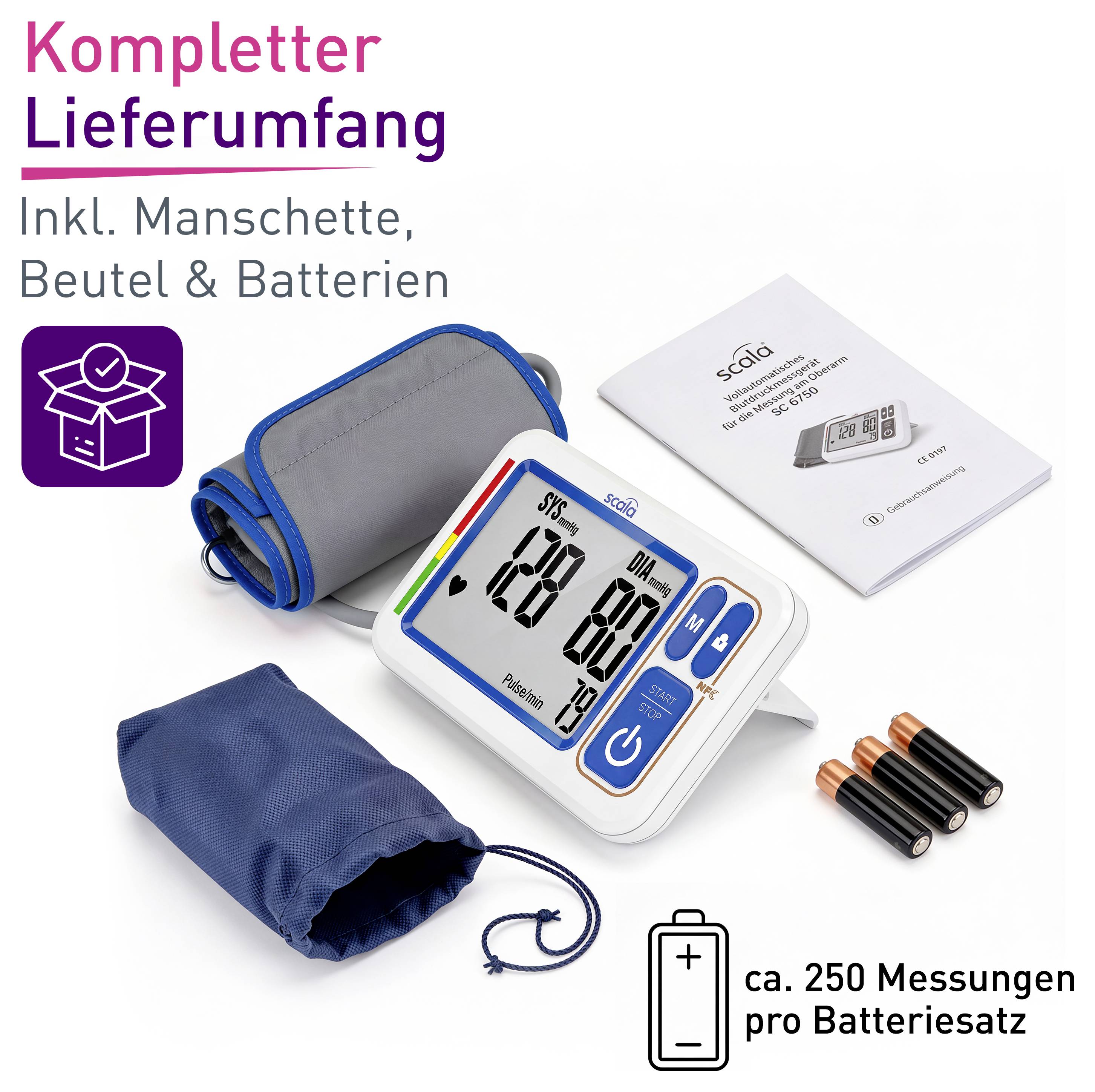 Blutdruckmessgerät-Set mit Messgerät, Batterien, Bedienungsanleitung, Manschette im Beutel; Hinweis 'ca. 250 Messungen pro Batteriesatz'.