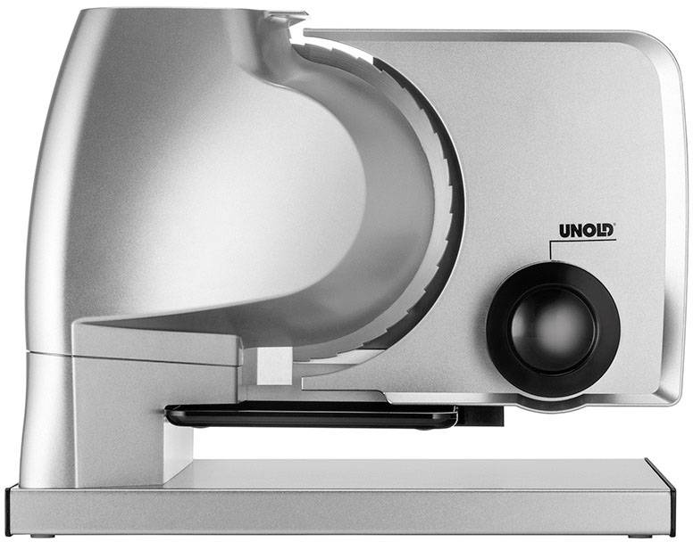 Elektrische Aufschnittmaschine aus Metall mit rundem, gezahntem Schneidemesser, geeignet zum präzisen Schneiden von Wurst und Käse.