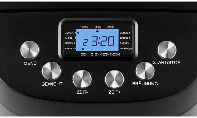 Digitales Bedienfeld einer Brotbackmaschine mit Tasten für Menü, Gewicht, Zeit, Start/Stopp und Bräunung. Bildschirm zeigt '3:20'.