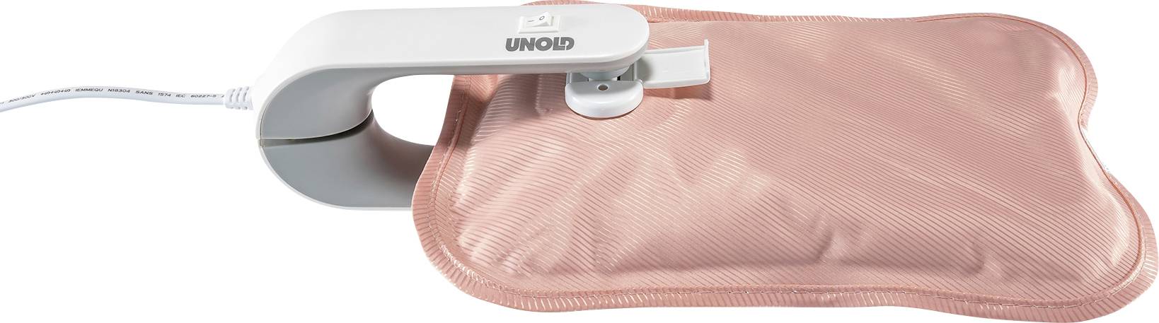 Ein elektrisches Heizkissen in Rosa mit einem weißen Steuergerät angeschlossen, liegt auf einer flachen Oberfläche.