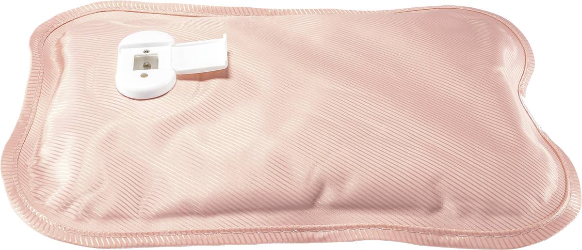 Eine rosafarbene Wärmflasche mit einem weißen Verschlussventil, liegt flach auf einer Oberfläche.