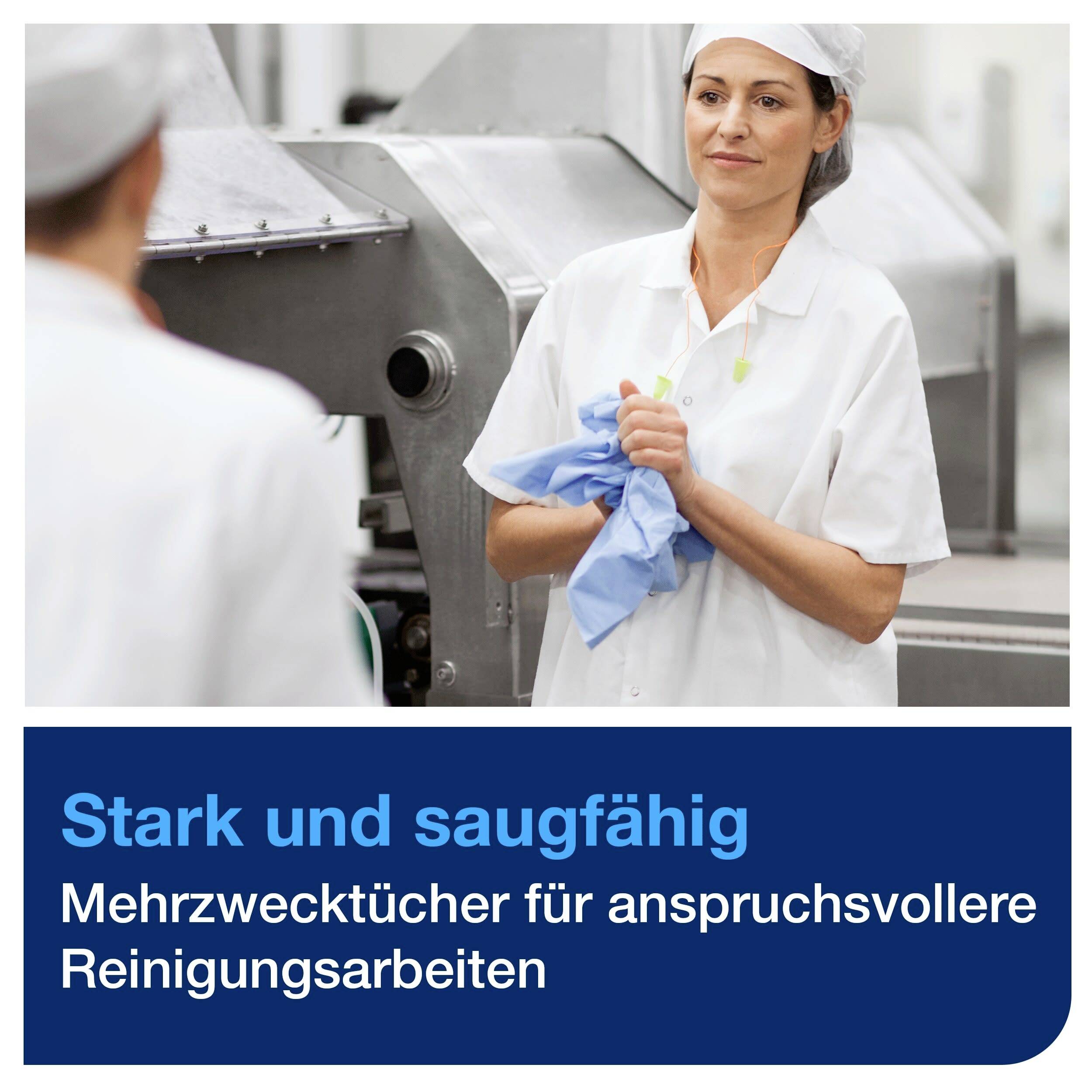 Eine Frau in Arbeitskleidung hält ein blaues Tuch vor einer Maschine. Text auf blauem Hintergrund: 'Stark und saugfähig. Mehrwecktücher für anspruchsvollere Reinigungsarbeiten'.