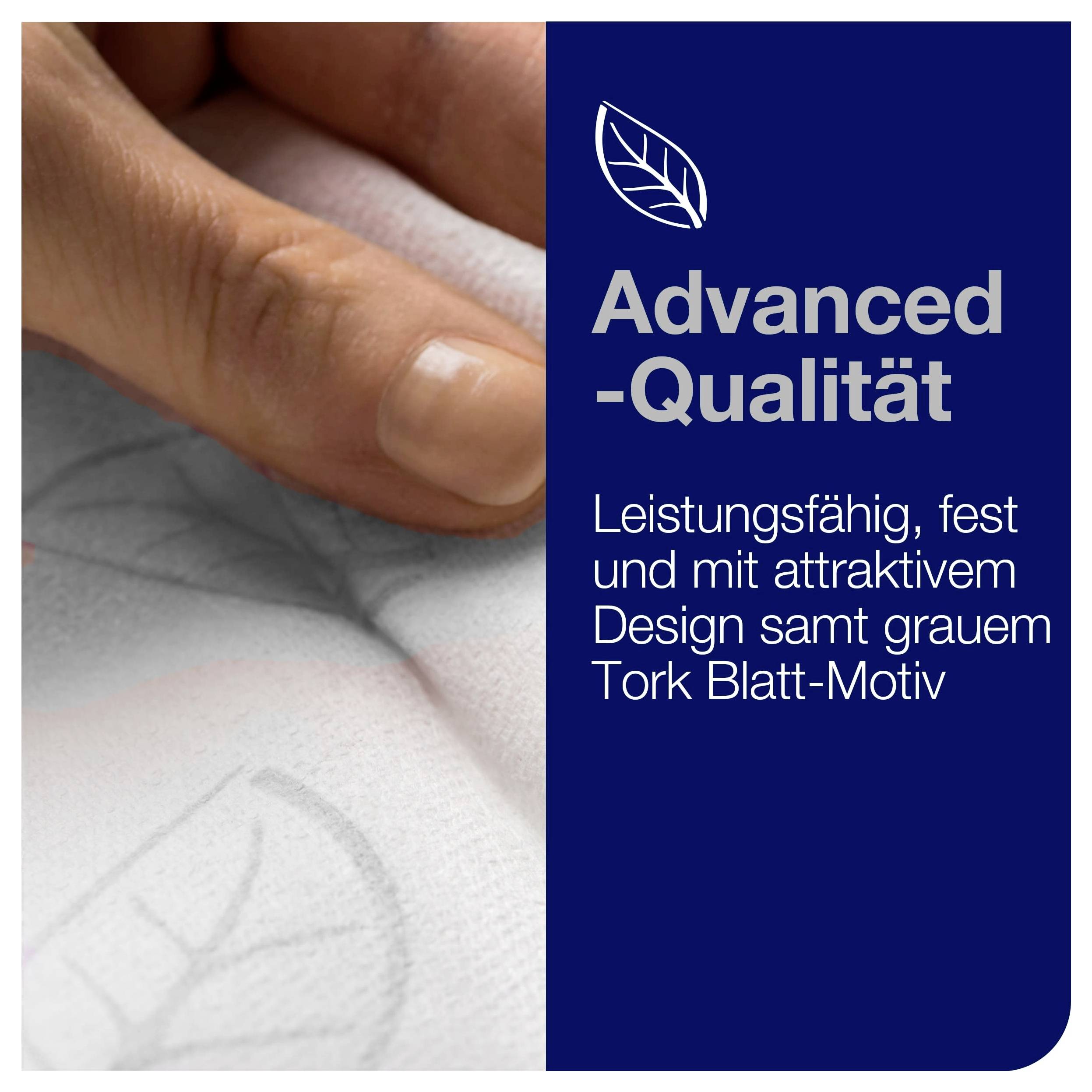 Hand zeigt graues Tork-Blatt-Motiv auf Material; rechts steht: 'Advanced-Qualität' mit dem Hinweis auf leistungsfähiges, festes Design.<br>