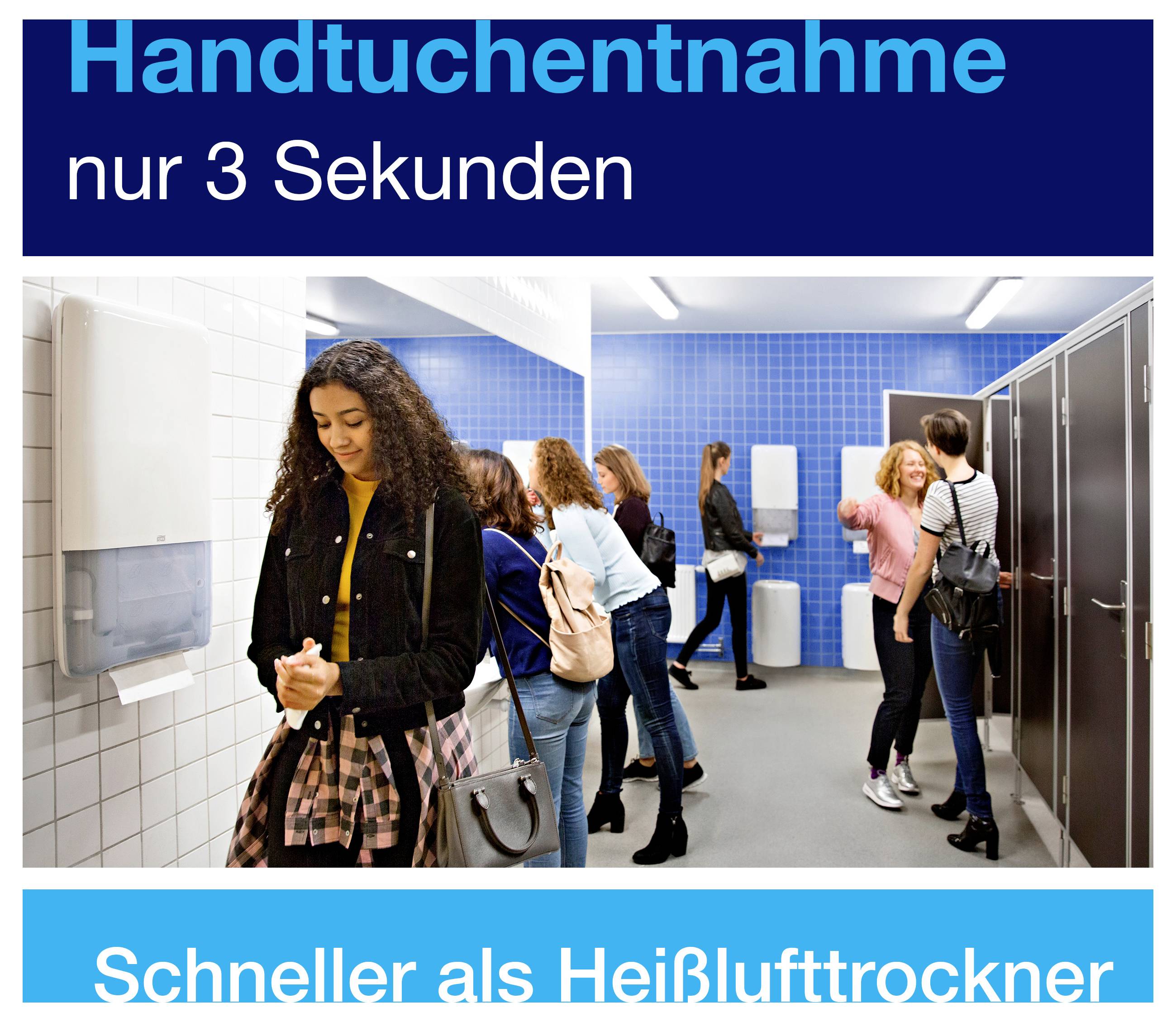 Werbung für Händetrocknen: Menschen waschen oder trocknen Hände in einer öffentlichen Toilette; Text: 'Handtuchentnahme nur 3 Sekunden' und 'Schneller als Heißlufttrockner'.