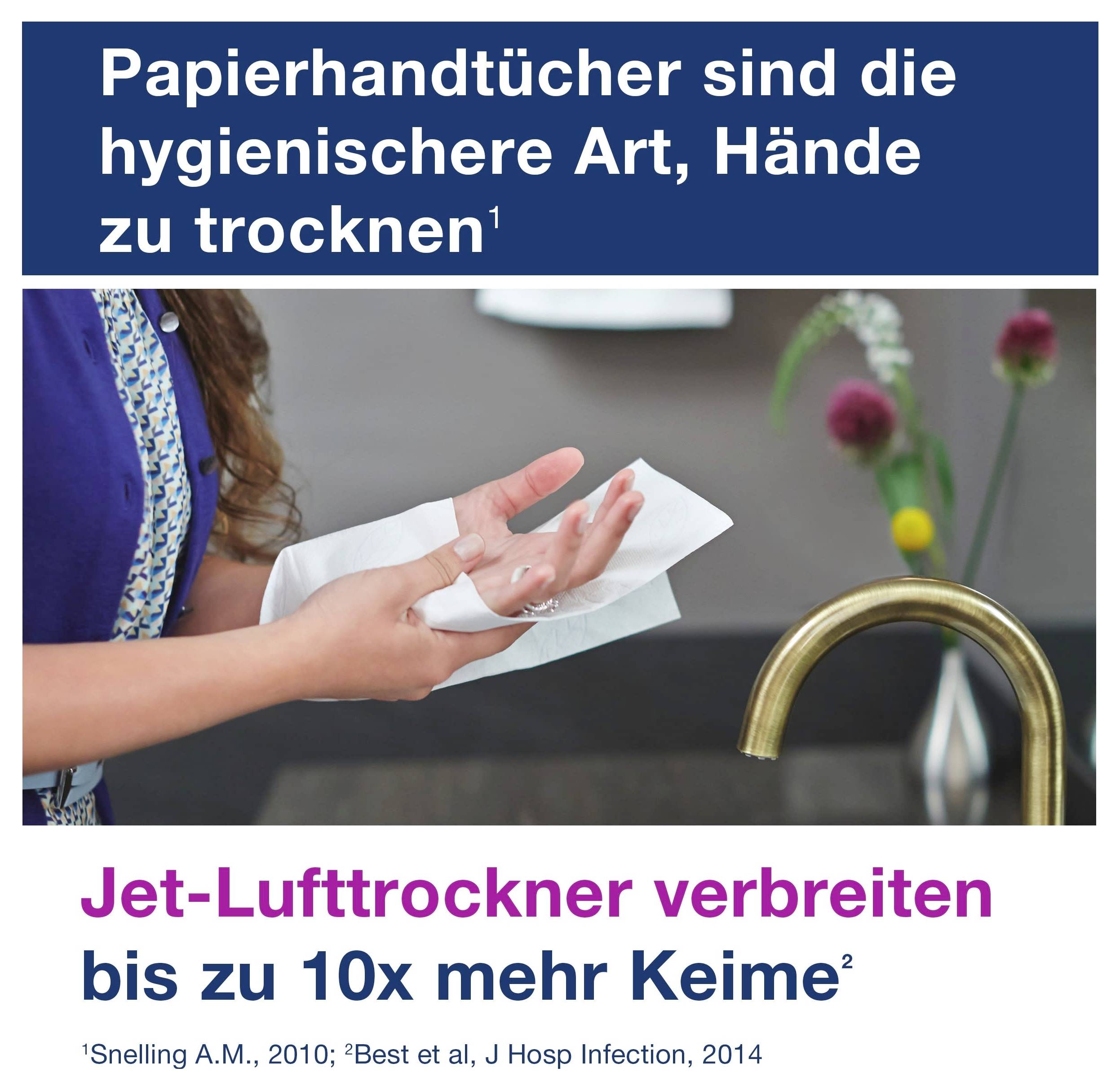 Werbung mit Person, die Hände mit Papierhandtüchern trocknet; Text behauptet, Papierhandtücher seien hygienischer und Jet-Lufttrockner verbreiteten bis zu 10-mal mehr Keime.