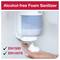 Ein Spender gibt schaumfreies Händedesinfektionsmittel ab. Text oben: 'Alcohol-free Foam Sanitizer'. Zertifikate EN1500 und EN14476.
