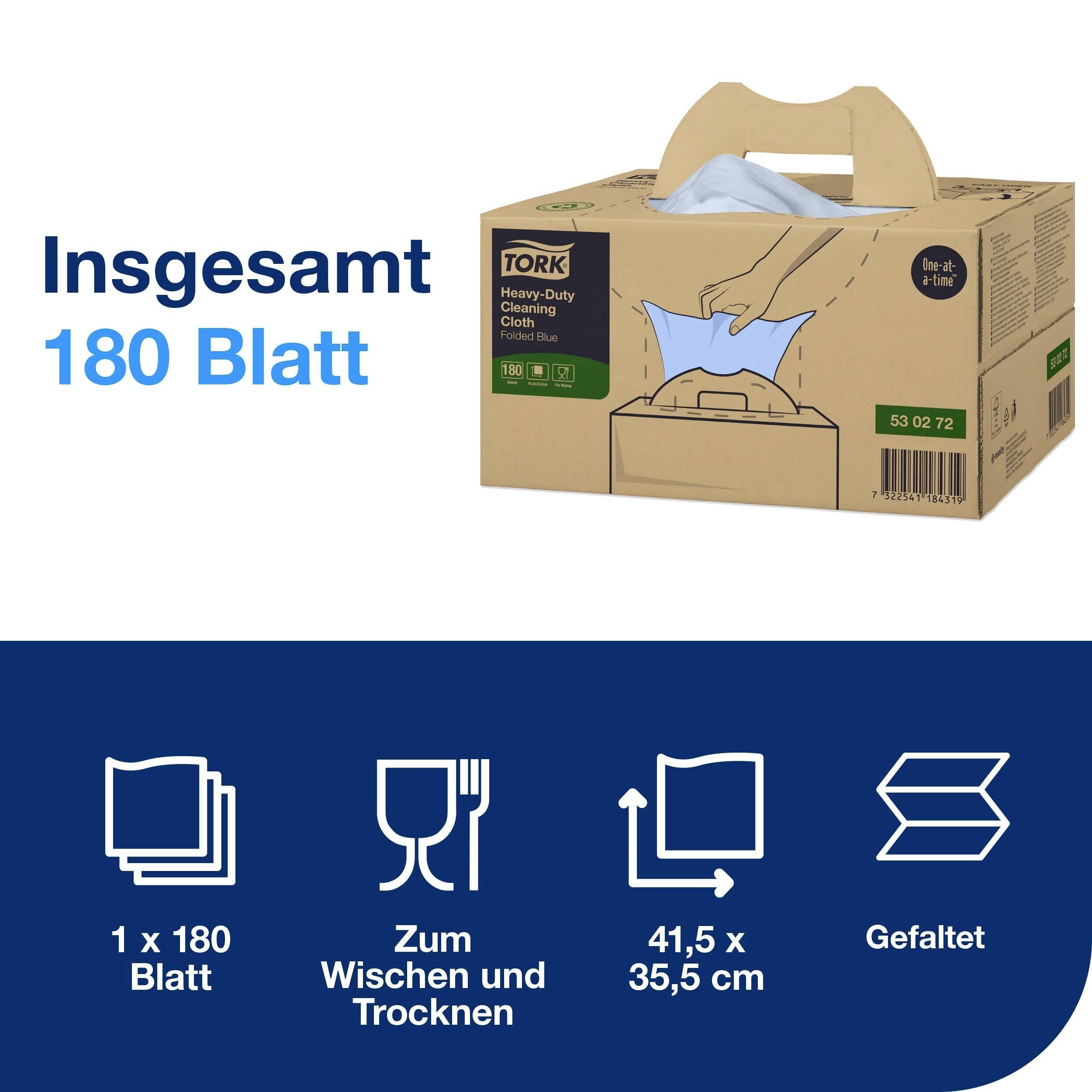 Papiertaschentuchbox mit 180 Blättern. Text: 'Insgesamt 180 Blatt'. Geeignet zum Wischen und Trocknen. Maße: 41,5 x 35,5 cm. Gefaltet.
