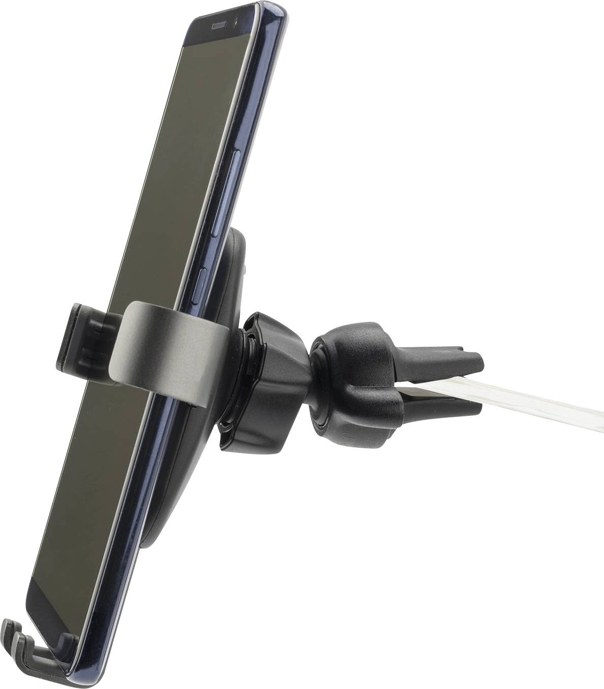 Smartphone in einer Kfz-Halterung, die am Lüftungsgitter eines Autos befestigt ist, seitlich fotografiert.