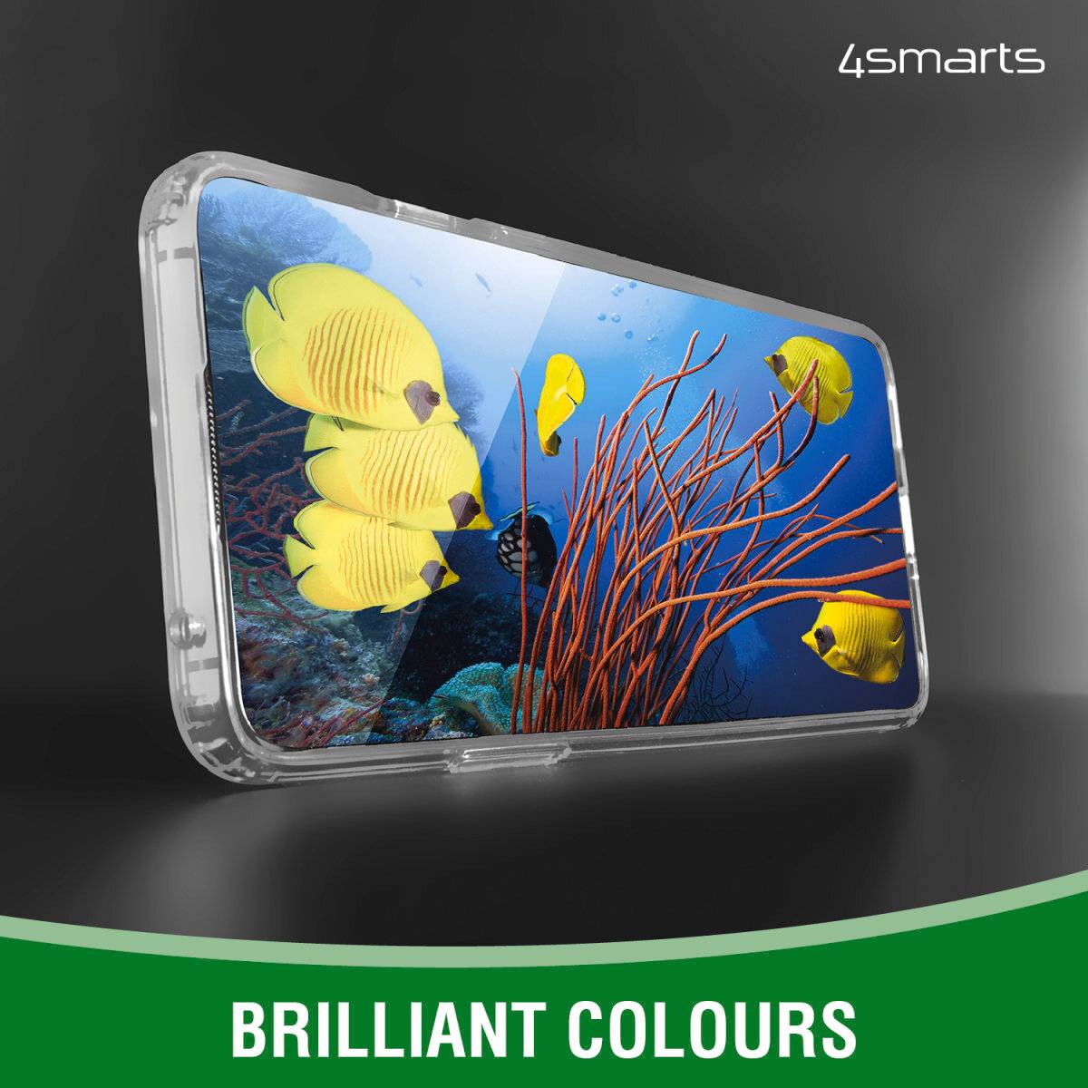 Smartphone in einer durchsichtigen Hülle, auf dem Bildschirm sind gelbe Fische und Korallen zu sehen. Text: 'Brilliant Colours'.