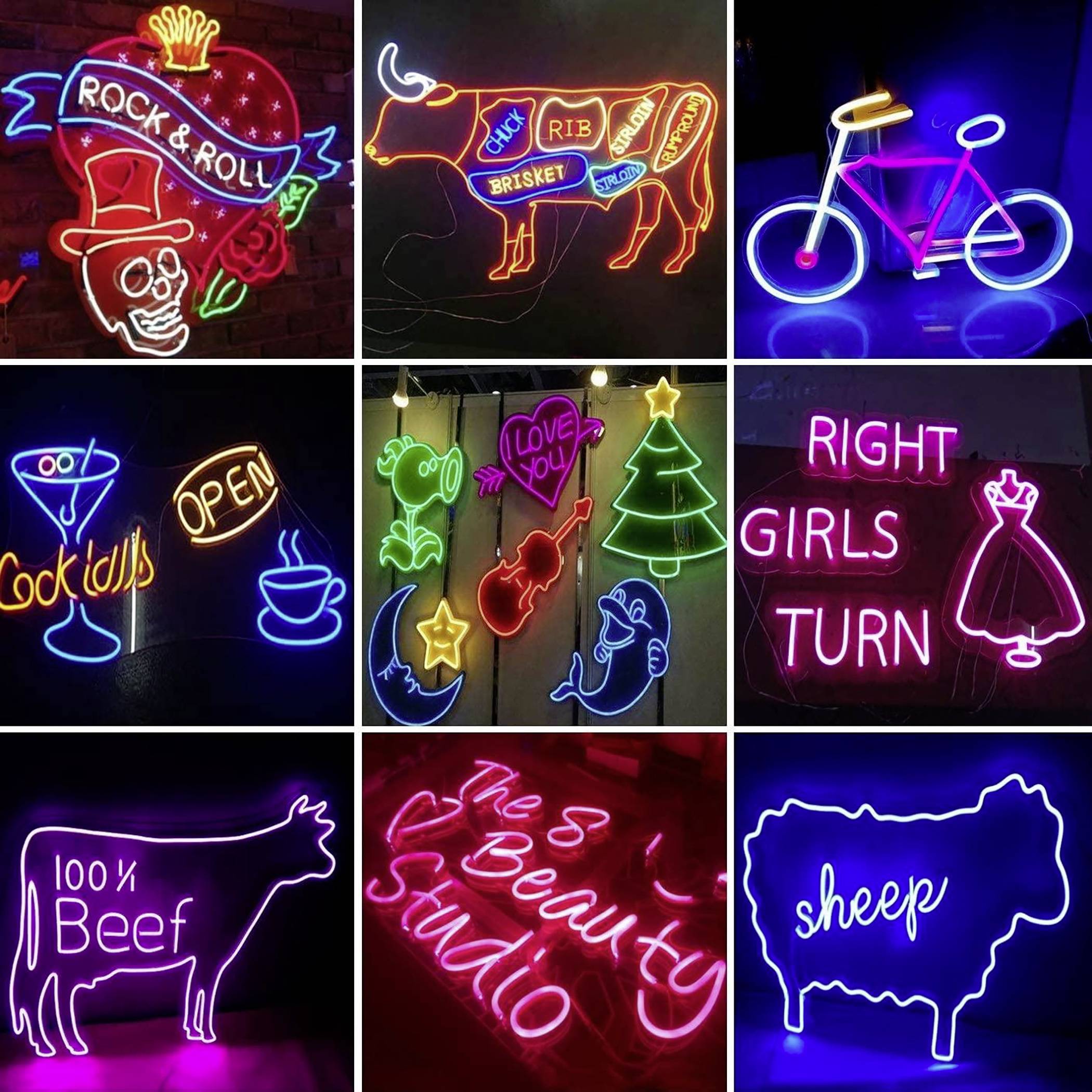 Neun Leuchtreklame-Designs: Rock'n'Roll-Set, leuchtendes Rind, Fahrrad, Cocktails 'Open', Frösche, Weihnachten, 'Girls Night', '100% Beef', Beauty-Studio, 'Sheep'.