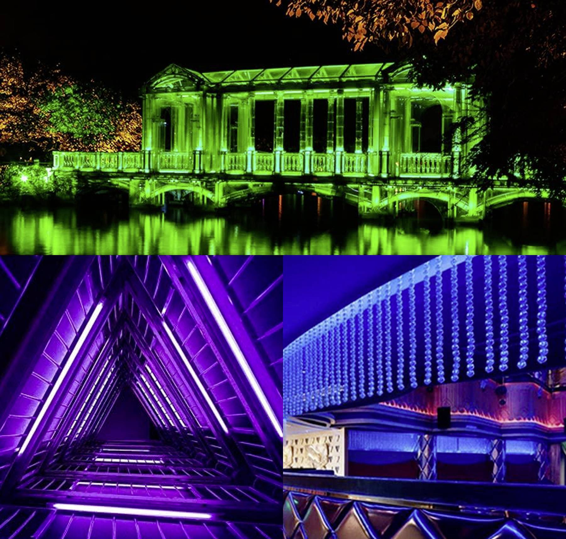 Ein beleuchteter Pavillon im Park spiegelt sich im Wasser, in lebhaftem Grün, begleitet von modernen Strukturen mit violettem und blauem Licht.