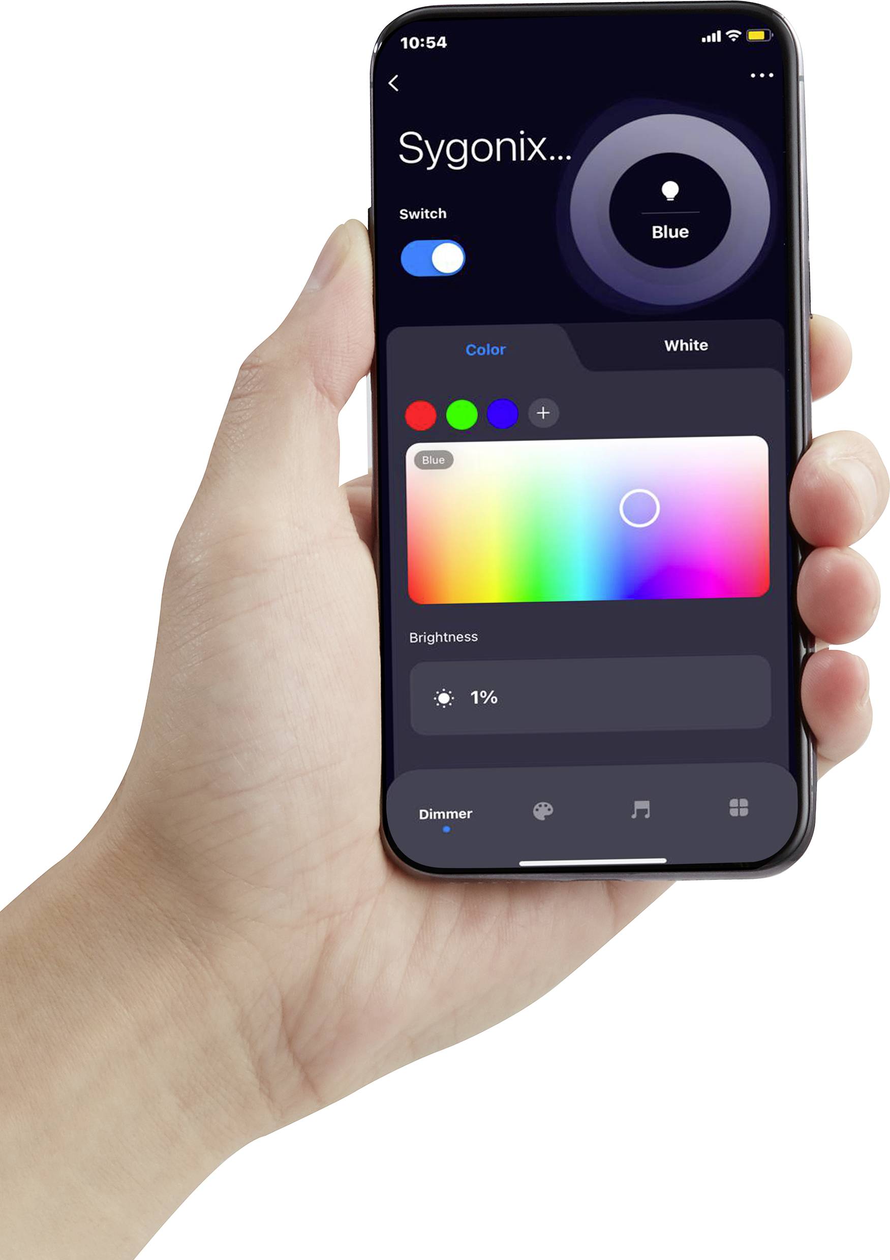 Eine Hand hält ein Smartphone mit einer App, die die farbliche Steuerung einer Lampe zeigt. Ein Spektrum an Farben und Helligkeitsregler sind sichtbar.