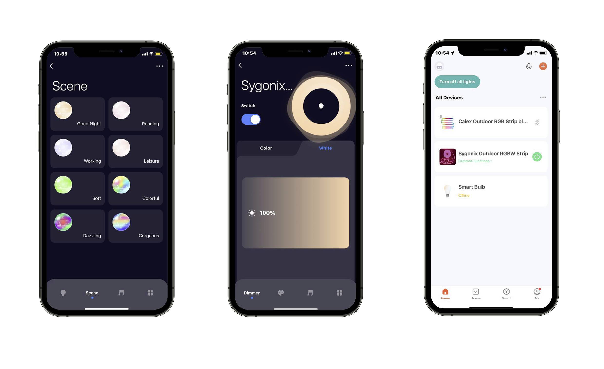 'Drei Smartphone-Bildschirme zeigen smarte Leuchten-Steuerung: Szenenwahl, Farb- und Helligkeitseinstellung, Gerätekontrolle.'