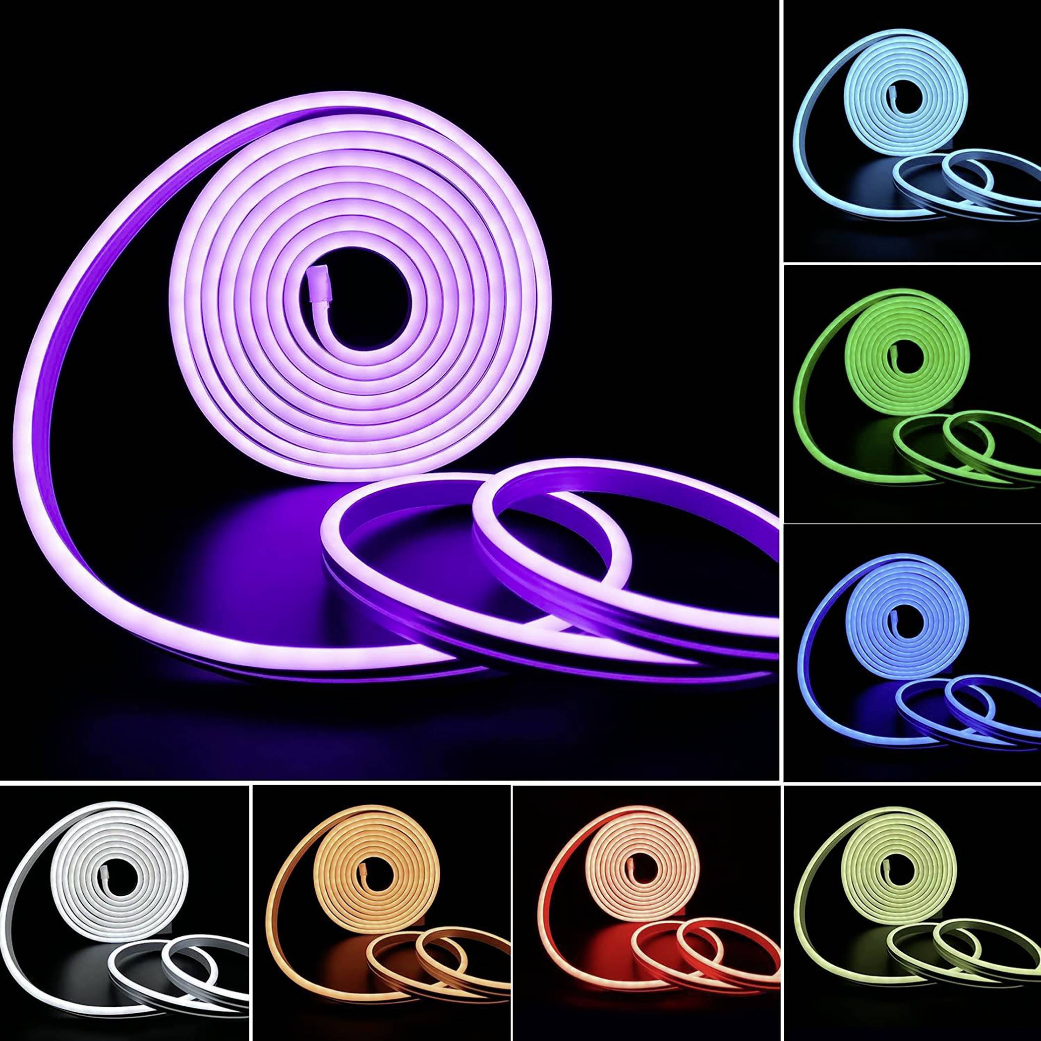 Mehrere LED-Lichtstreifen in verschiedenen Farben: Lila, Grün, Blau, Weiß, Orange, Rot und Gelb, auf schwarzem Hintergrund.