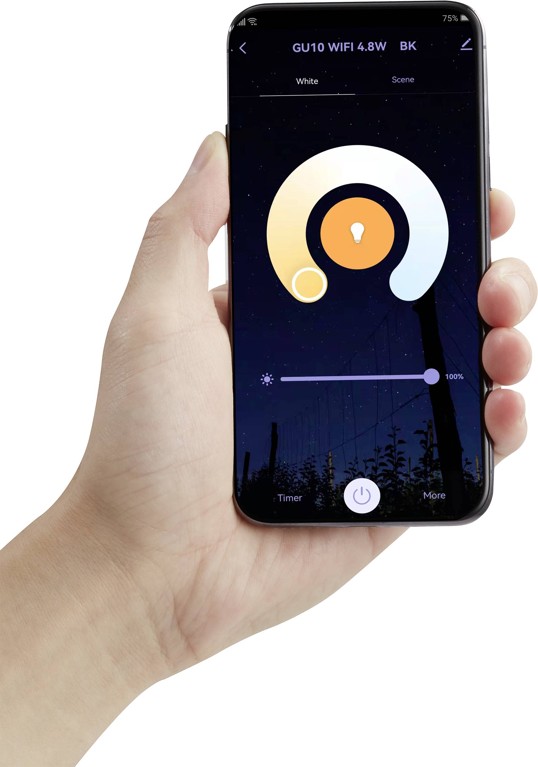Eine Hand hält ein Smartphone mit einer App zur Steuerung von intelligenten Glühbirnen. Der Bildschirm zeigt Helligkeits- und Farbtemperaturregelung.