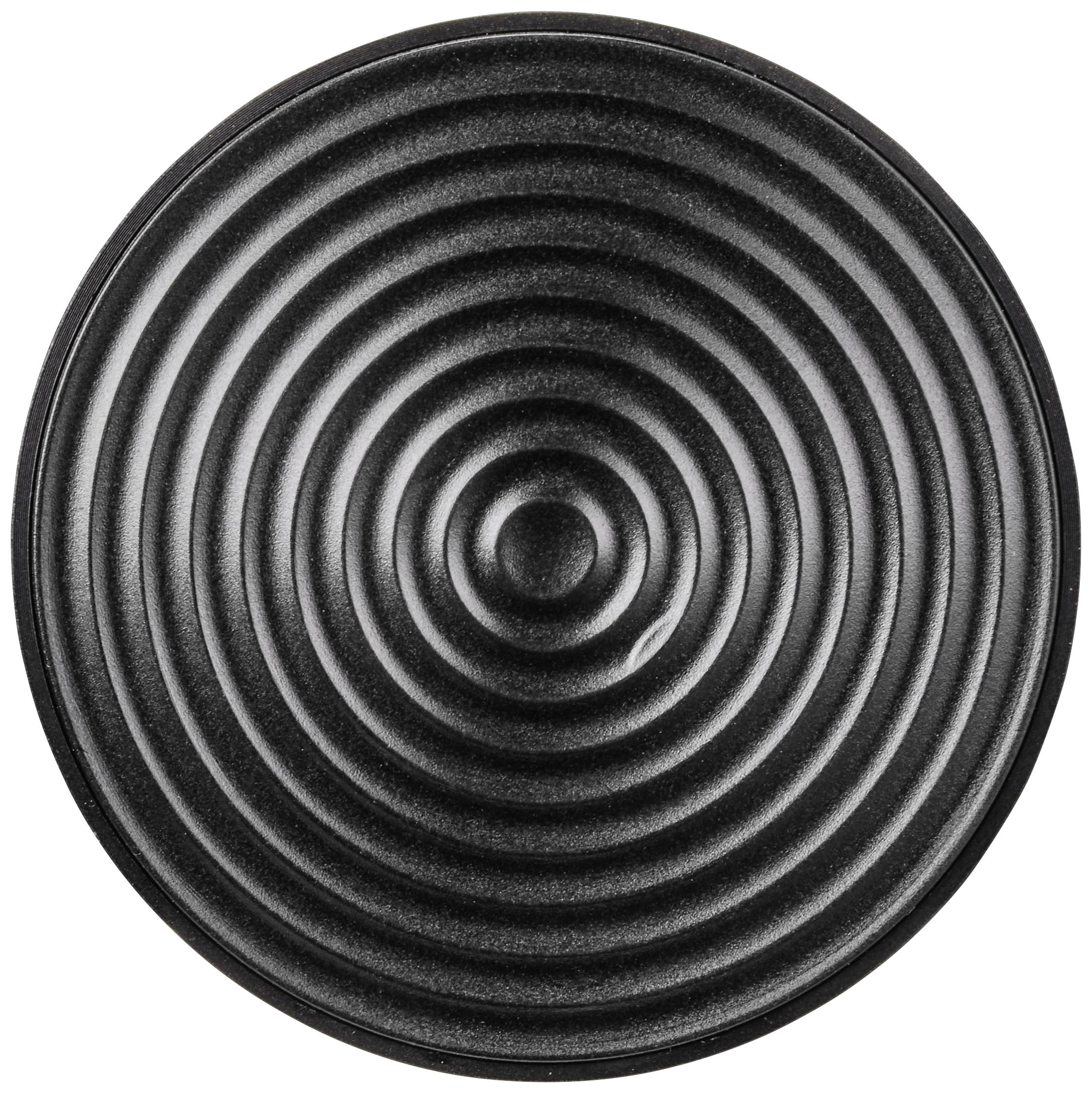 Schwarze, runde Oberfläche mit konzentrischen Kreisen, die einen optischen Effekt erzeugen.