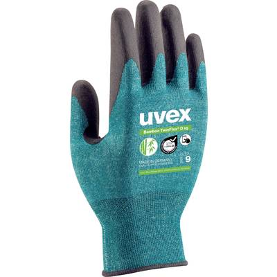 Ein grün-schwarzer Arbeitshandschuh von Uvex, Modell 'Bamboo TwinFlex D xg'. Hergestellt in Deutschland, Größe 9.