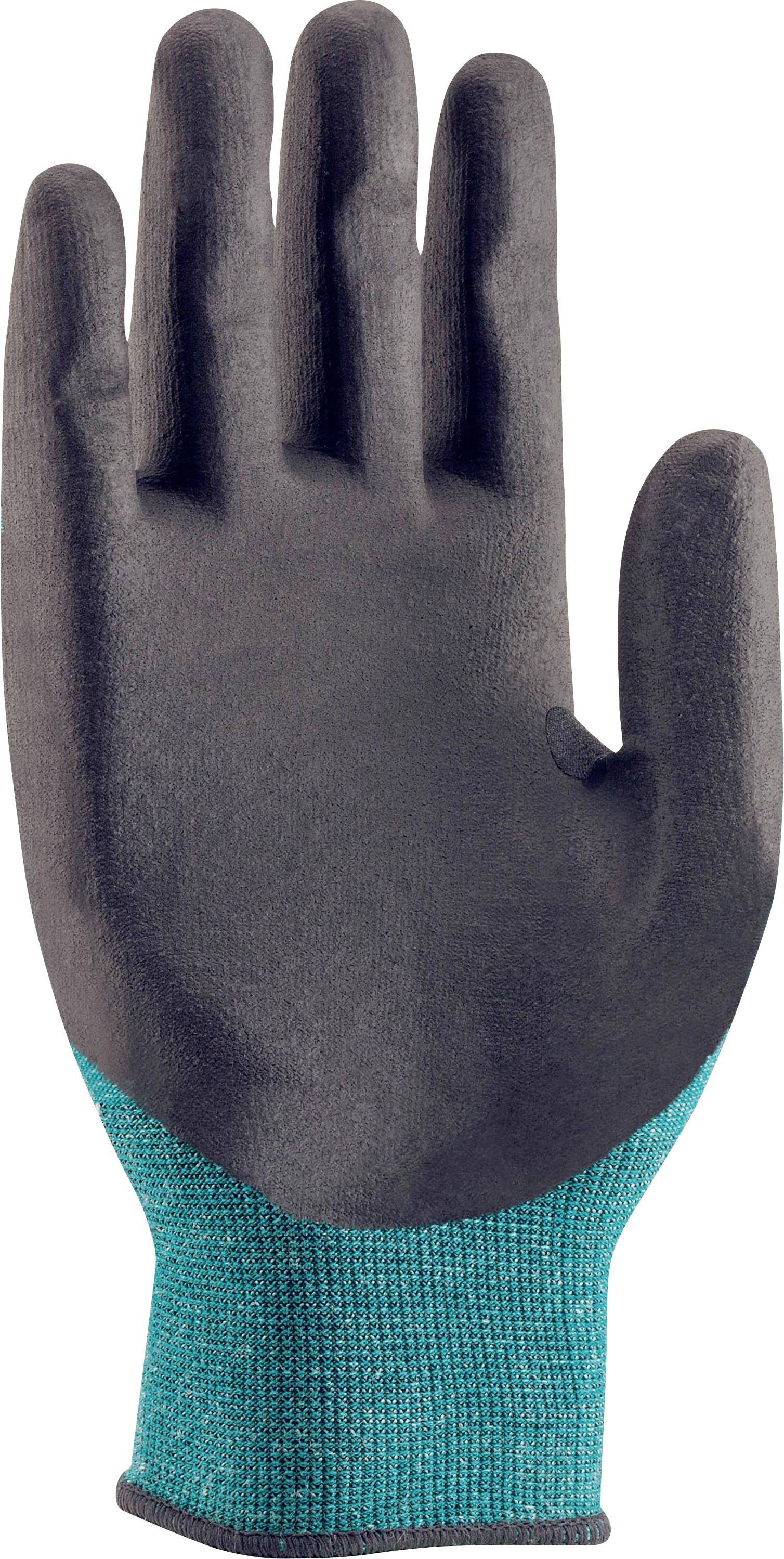 Ein schwarzer Schutzhandschuh mit grünem Handgelenkbereich, gestreckt in aufrechter Position.