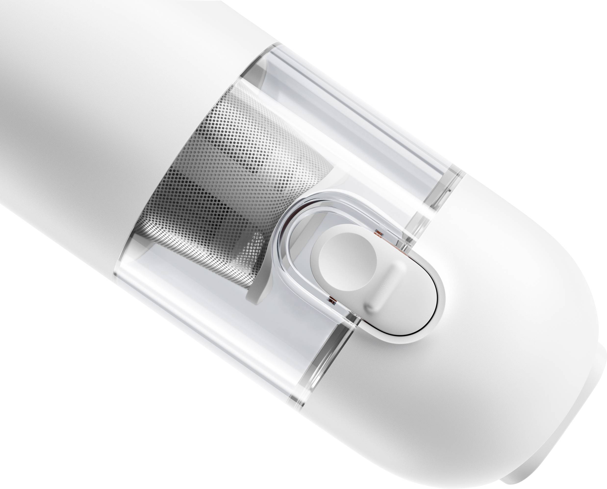 Ein weißer zylindrischer Hand-Staubsauger mit sichtbarem Filterelement und Schalter, nah bei der Mitte des Geräts platziert.