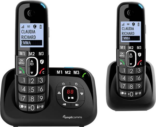 Amplicomms BigTel 1582 DECT-Mobilteil Freisprechen, für Hörgeräte kompatibel, Wahlwiederholung, Anrufbeantworter LED-Display Schwarz