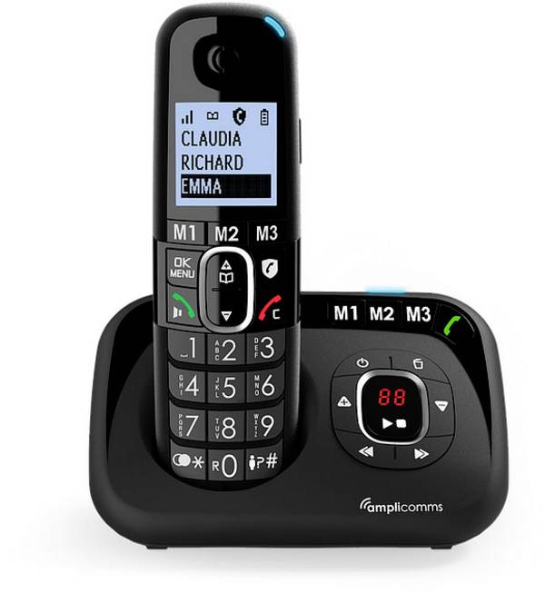 Amplicomms BigTel 1580 DECT-Mobilteil Freisprechen, für Hörgeräte kompatibel, Wahlwiederholung, Anrufbeantworter LED-Display Schwarz