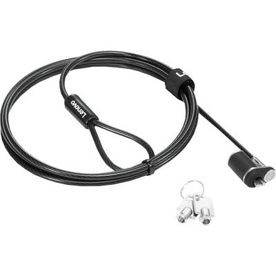 Ein schwarzes Sicherheitskabel von Lenovo mit Schlaufe und Schloss, inklusive zweier silberner Schlüssel an einem Ring.