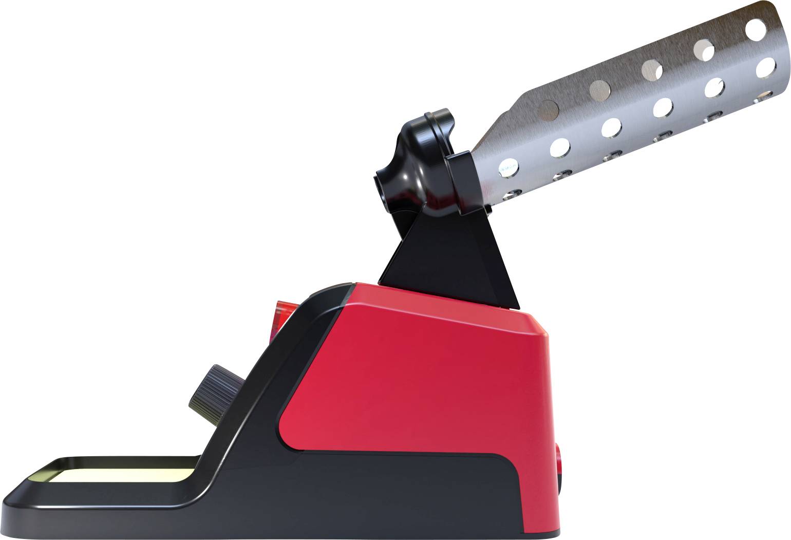 Ein rot-schwarzes Gerät mit einem herausstehenden Metallteil, das Löcher enthält, möglicherweise Teil eines Werkzeugs oder Geräts.
