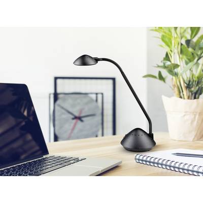 Ein moderner Schreibtisch mit einem Laptop, einer schwarzen Tischlampe und einer Pflanze, im Hintergrund eine unscharfe Uhr.