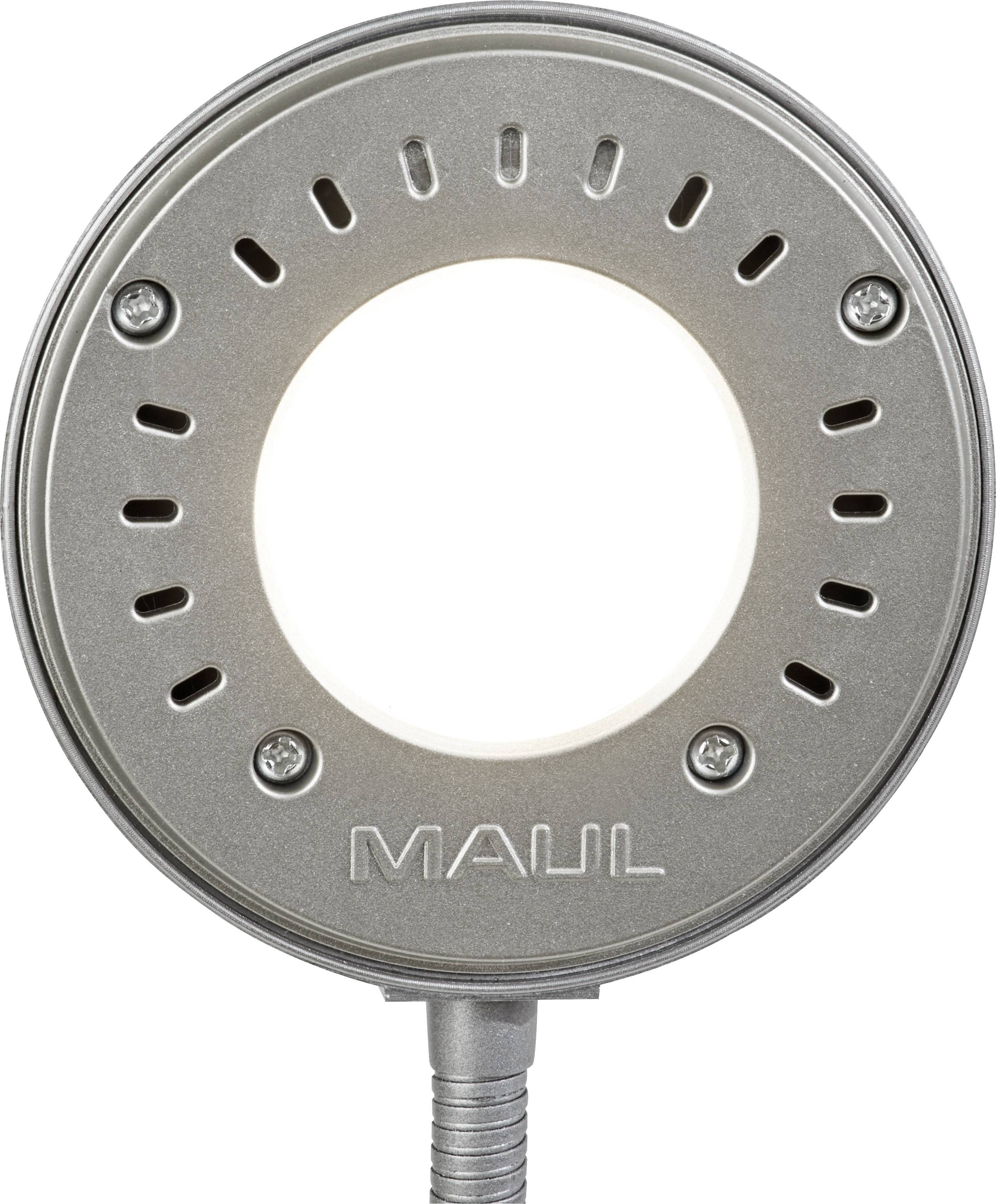 'Runde silberne LED-Lampe von Maul mit perforiertem Design und flexiblem Hals, geeignet für Schreibtischarbeiten.'