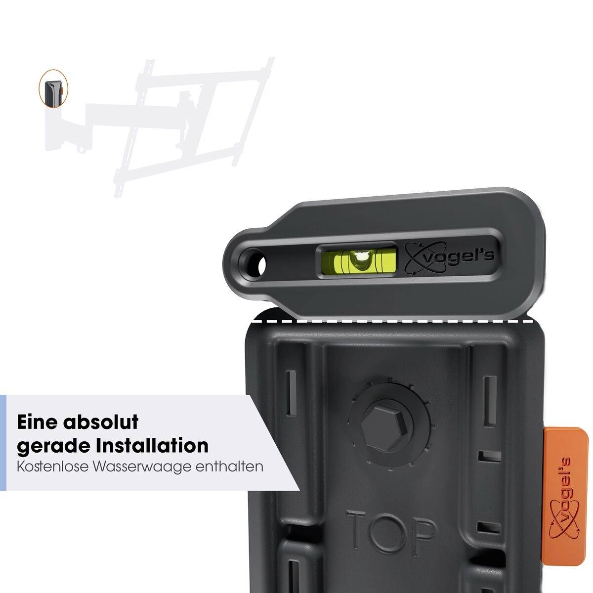 'Vogel's Montagewerkzeug mit Wasserwaage für absolut gerade Installation; kostenlose Wasserwaage enthalten.'