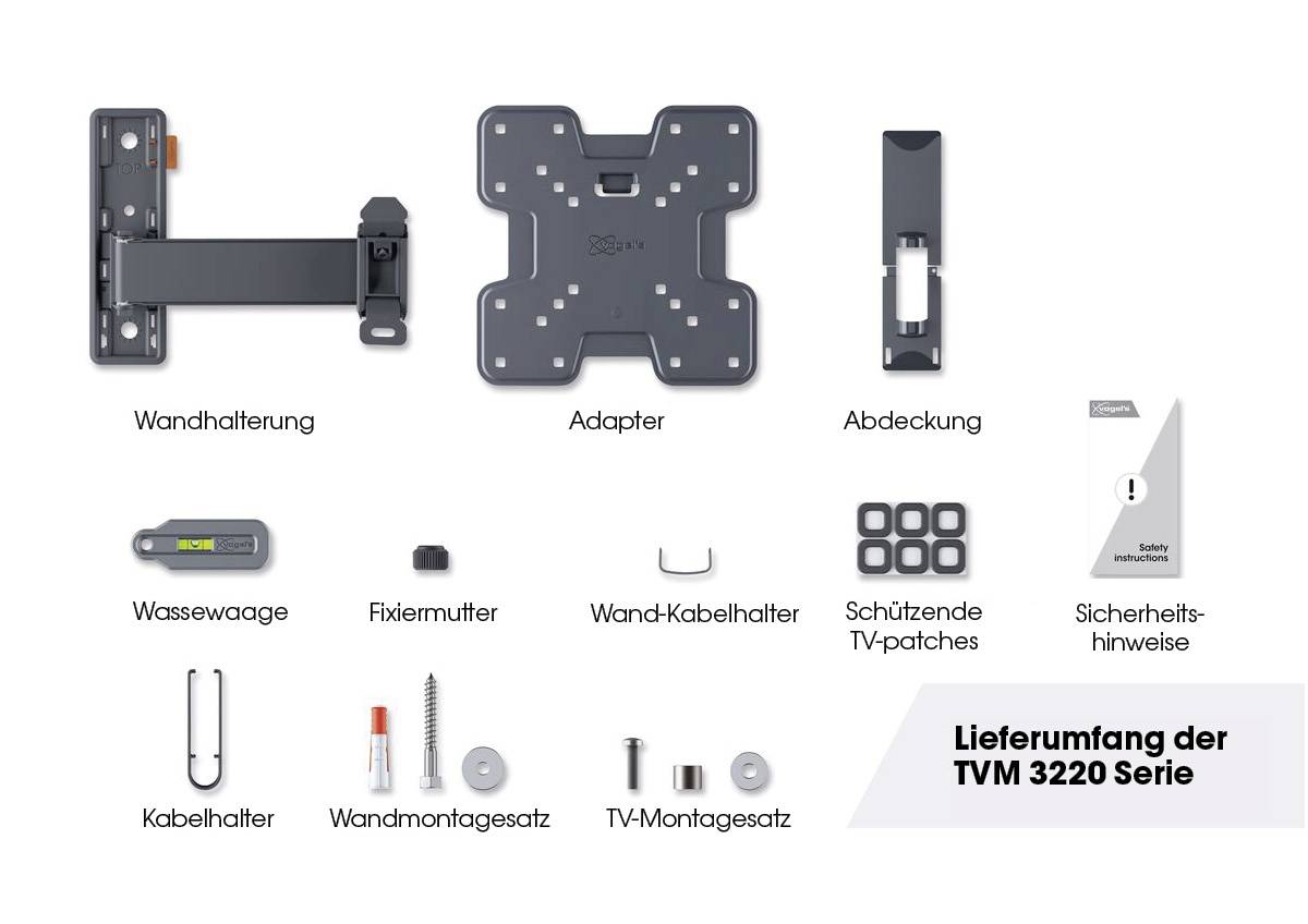 'TVM 3220 Serie' Montagezubehör: Wandhalterung, Adapter, Abdeckung, Wasserwaage, Fixiermutter, Kabelhalter, Montagesets.