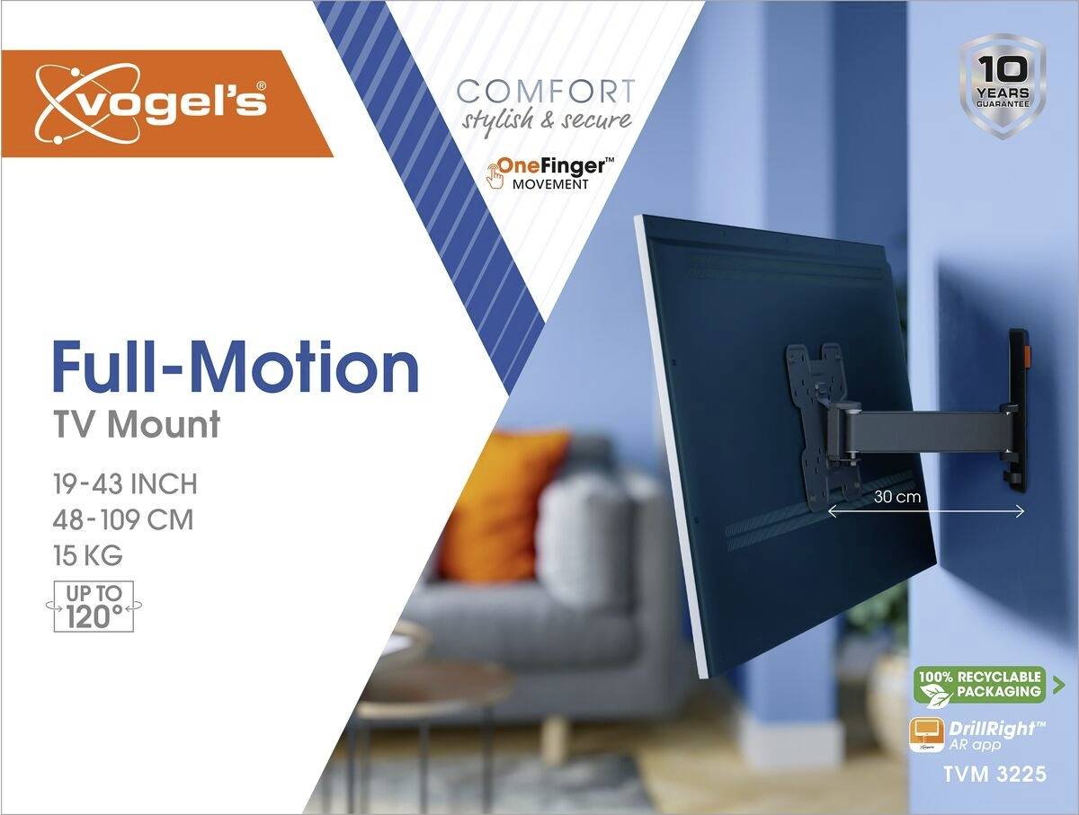 'Vogel's Full-Motion TV Mount, geeignet für TV-Größen 19-43 Zoll, 15 kg max. Gewicht. Bis zu 120° schwenkbar. 10 Jahre Garantie.'