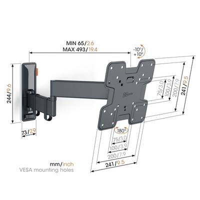 Wandhalterung für Fernseher, drehbar und neigbar. Minimale Breite 65 mm, maximale 493 mm. Neigungswinkel +10°/-10°, Schwenkung 180°.