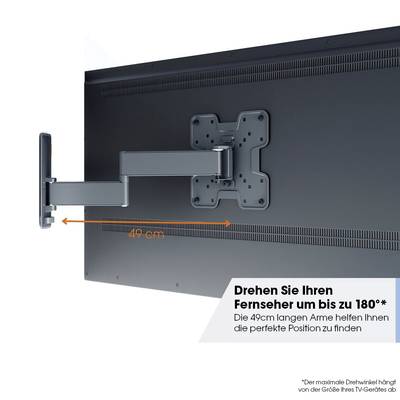 Wandhalterung mit schwenkbarem Arm für Fernseher, bis 49 cm ausziehbar, ermöglicht 180° Drehung. Drehwinkel hängt von TV-Größe ab.