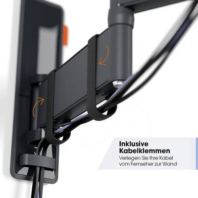 Haltearme an einer Wandhalterung führen Kabel gebündelt entlang, mit der Aufschrift 'Inklusive Kabelklemmen - Verlegen Sie Ihre Kabel vom Fernseher zur Wand'.
