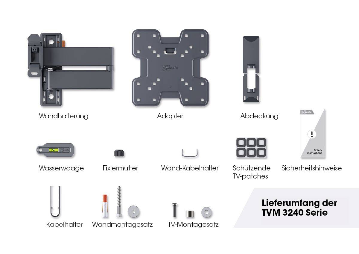 Lieferumfang der TVM 3240 Serie: Wandhalterung, Adapter, Abdeckung, Wasserwaage, Fixiermutter, Kabelhalter, Montagesätze, Sicherheitshinweise.