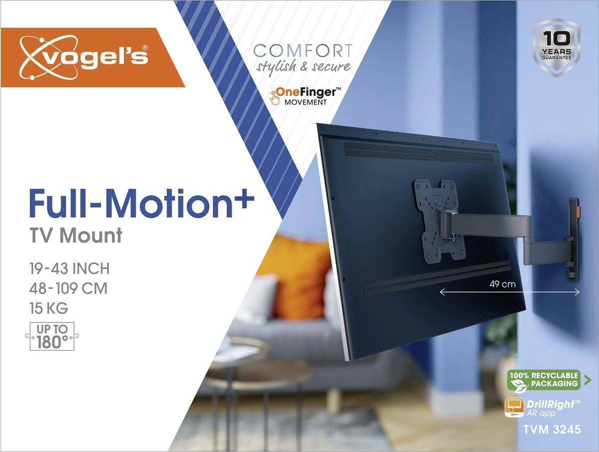 TV-Wandhalterung mit Vollbewegung. Passend für 19-43 Zoll und 15 kg. Bis zu 180° schwenkbar. Komfortabel, stilvoll und sicher.