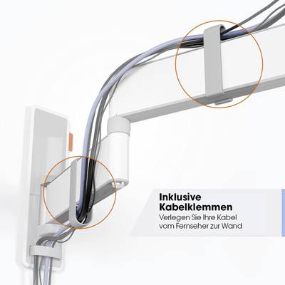 Kabelhalterungen an einer Wand, die Kabel von einem Fernseher führen. Text: 'Inklusive Kabelklemmen Verlegen Sie Ihre Kabel vom Fernseher zur Wand'.
