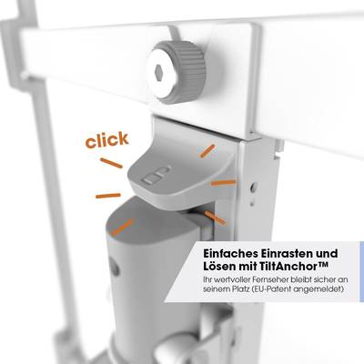 Ein Fernseher wird mit einem Kipphalter sicher befestigt. Text: 'Einfaches Einrasten und Lösen mit TiltAnchor™'.